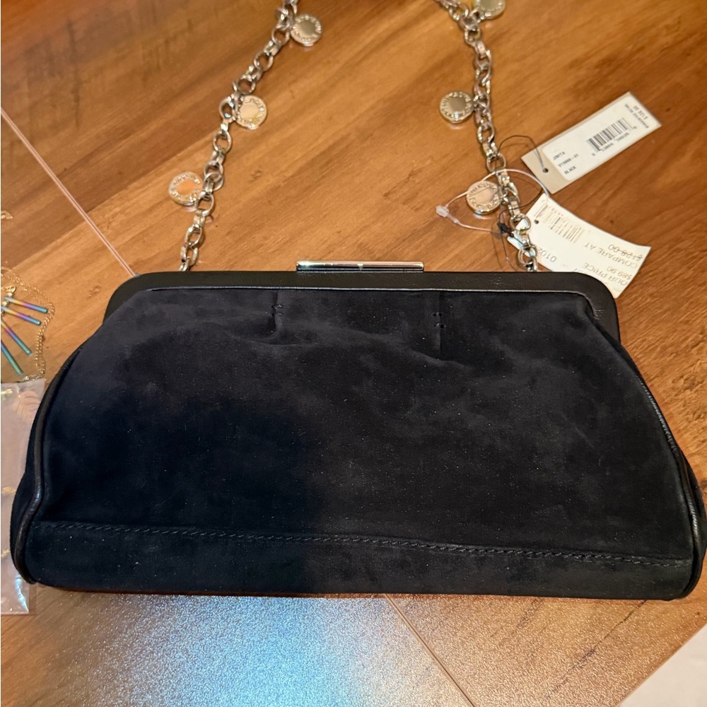 Adrienne Vittadini Black Suede Clutch Silver Coin Chain vintage NWT! HTF style